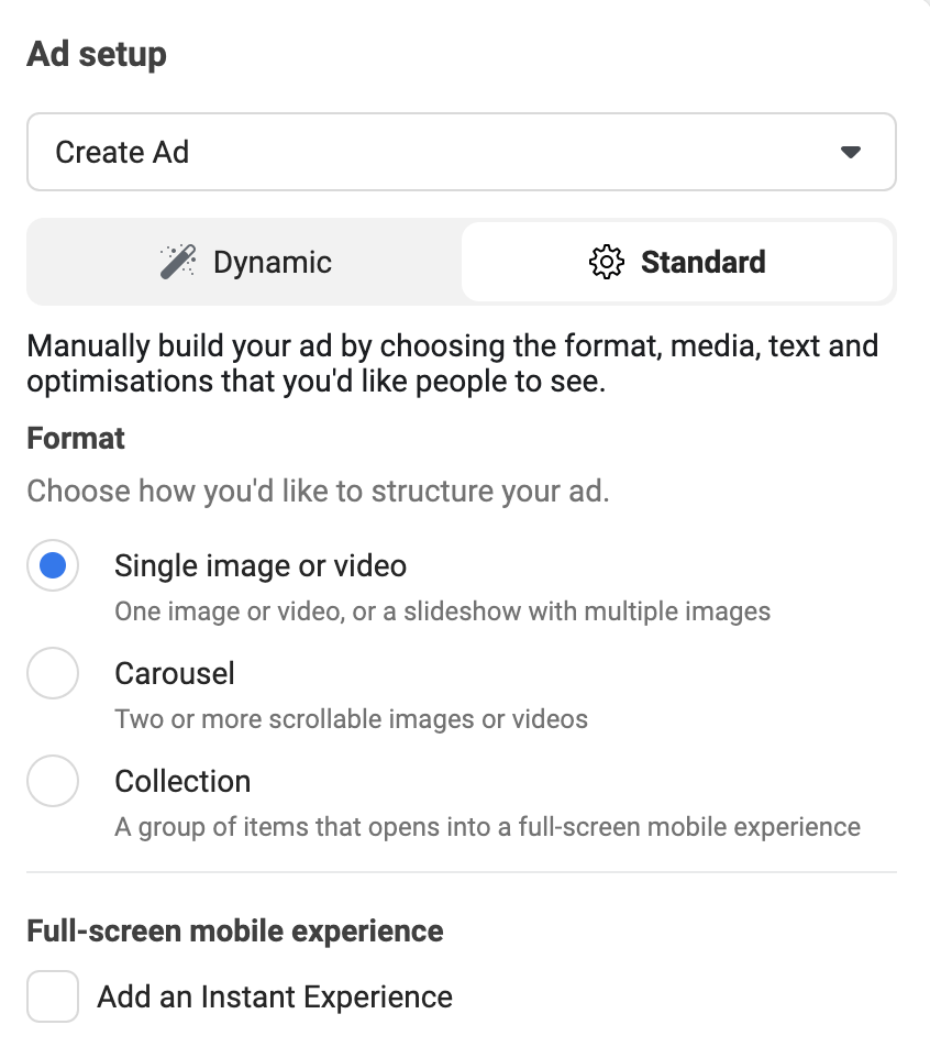 FB Ads Manager, choosing your type of creative